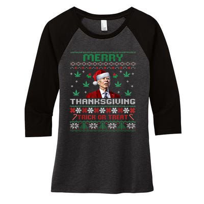 Merry Thanksgiving Funny Joe Biden Christmas Ugly Sweater Women's Tri-Blend 3/4-Sleeve Raglan Shirt