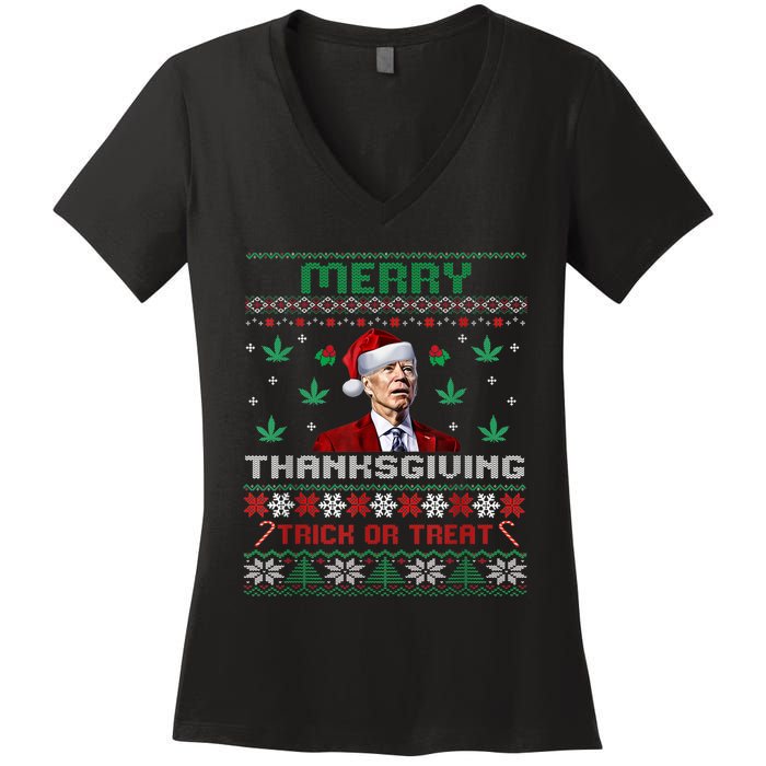 Merry Thanksgiving Funny Joe Biden Christmas Ugly Sweater Women's V-Neck T-Shirt