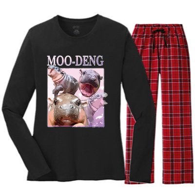 Moodeng The Famous Baby Pigmy Hippo Moodeng Women's Long Sleeve Flannel Pajama Set 