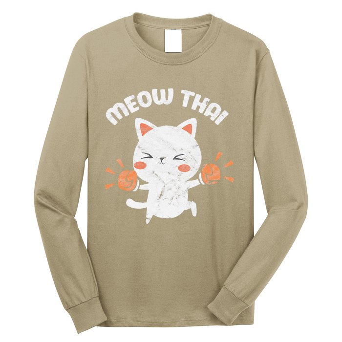 Meow Thai Funny Cat Kitten Martial Art Kickboxing Vintage Long Sleeve Shirt