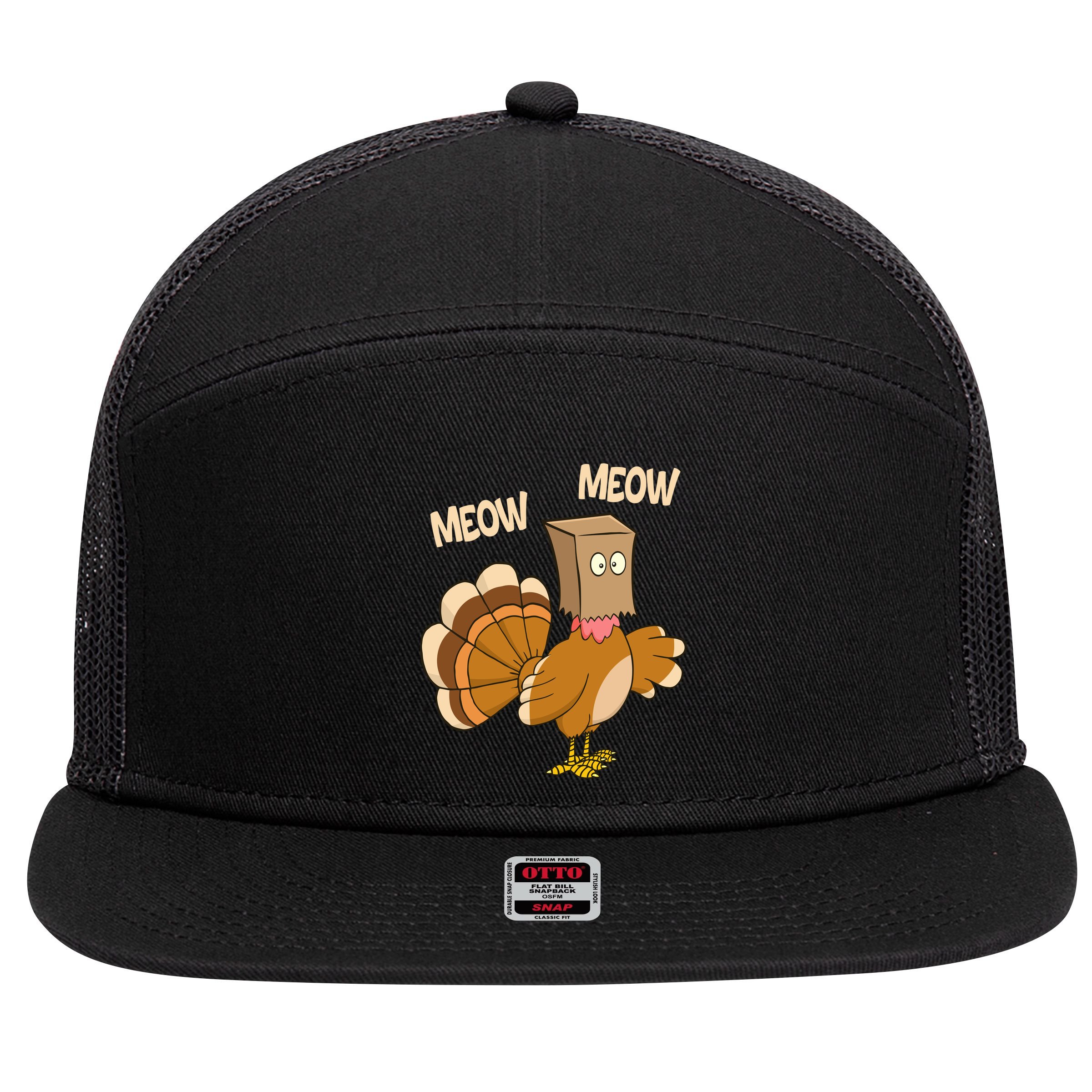 Meow Turkey Funny Thanksgiving 7 Panel Mesh Trucker Snapback Hat