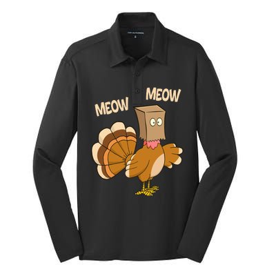 Meow Turkey Funny Thanksgiving Silk Touch Performance Long Sleeve Polo