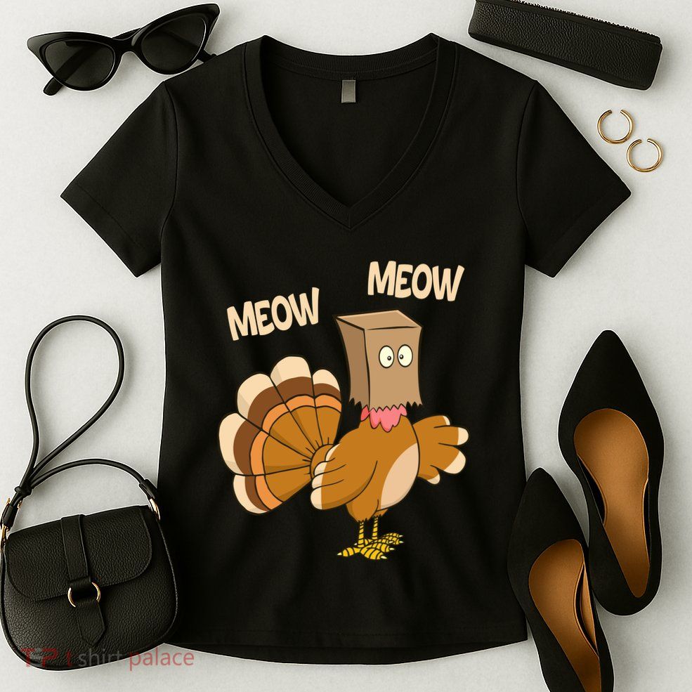 Meow Turkey Funny Thanksgiving Women's V-Neck T-Shirt