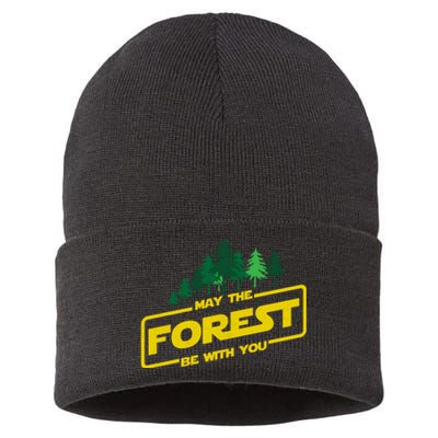 May The Forest Be With You Funny Earth Day Camping Space Pun Sustainable Knit Beanie