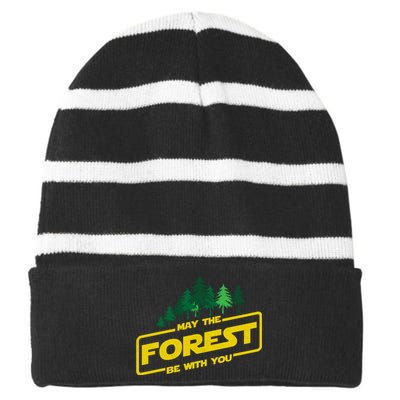 May The Forest Be With You Funny Earth Day Camping Space Pun Striped Beanie with Solid Band