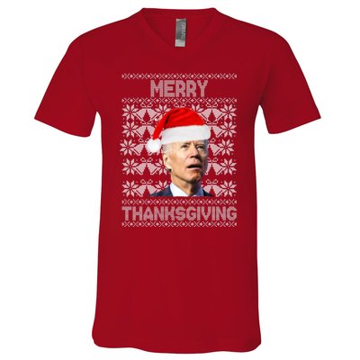 Merry Thanksgiving Funny Biden Ugly Christmas V-Neck T-Shirt