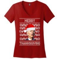 Merry Thanksgiving Funny Biden Ugly Christmas Women's V-Neck T-Shirt