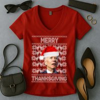 Merry Thanksgiving Funny Biden Ugly Christmas Women's V-Neck T-Shirt