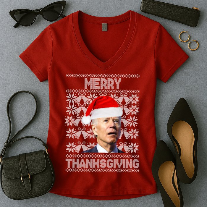 Merry Thanksgiving Funny Biden Ugly Christmas Women's V-Neck T-Shirt