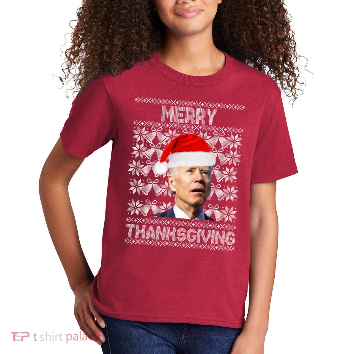 Merry Thanksgiving Funny Biden Ugly Christmas Kids T-Shirt