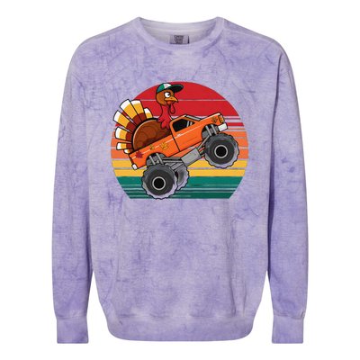 Monster Truck Funny Turkey Sunset Retro Thanksgiving Colorblast Crewneck Sweatshirt