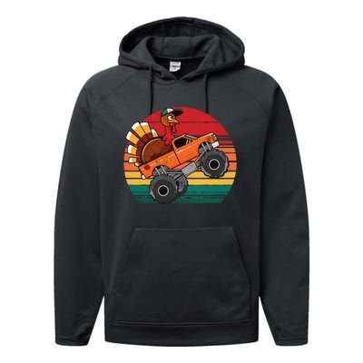 Monster Truck Funny Turkey Sunset Retro Thanksgiving Performance Fleece Hoodie