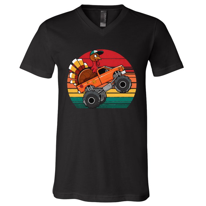 Monster Truck Funny Turkey Sunset Retro Thanksgiving V-Neck T-Shirt