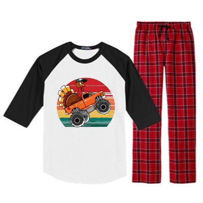 Monster Truck Funny Turkey Sunset Retro Thanksgiving Raglan Sleeve Pajama Set