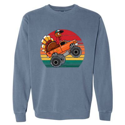 Monster Truck Funny Turkey Sunset Retro Thanksgiving Garment-Dyed Sweatshirt