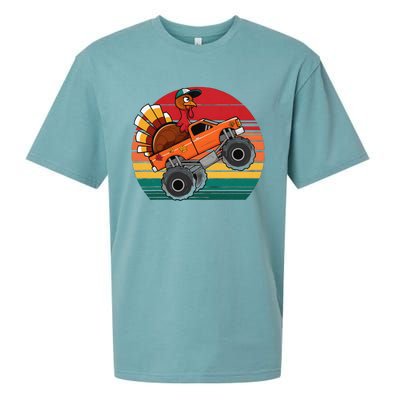 Monster Truck Funny Turkey Sunset Retro Thanksgiving Sueded Cloud Jersey T-Shirt