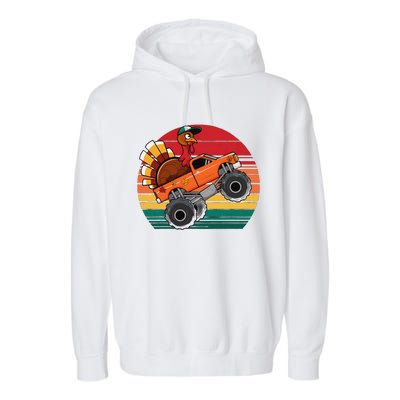 Monster Truck Funny Turkey Sunset Retro Thanksgiving Garment-Dyed Fleece Hoodie