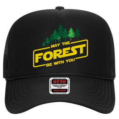 May The Forest Be With You Funny Earth Day Camping Space Pun High Crown Mesh Back Trucker Hat