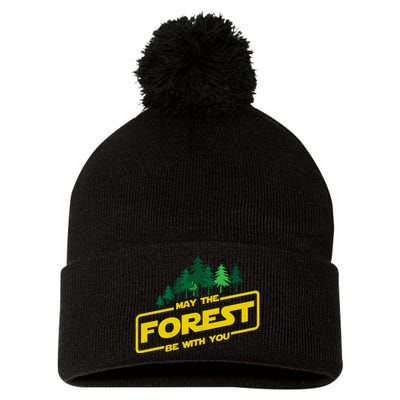 May The Forest Be With You Funny Earth Day Camping Space Pun Pom Pom 12in Knit Beanie