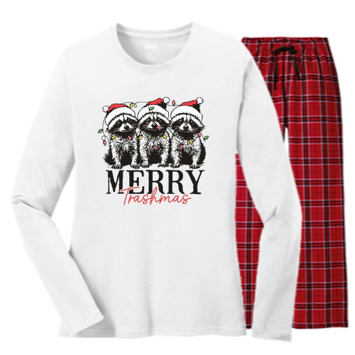 Merry Trashmas Funny Christmas Raccoon Christmas Animal Women's Long Sleeve Flannel Pajama Set 