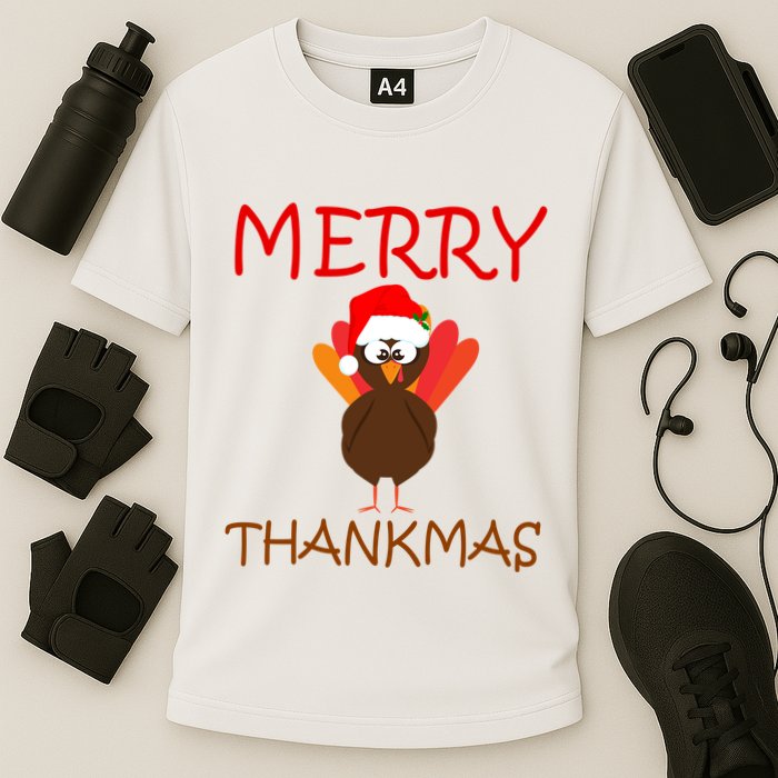 Merry Thankmas Funny Thanksgiving Turkey Cooling Performance Crew T-Shirt