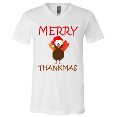 Merry Thankmas Funny Thanksgiving Turkey V-Neck T-Shirt