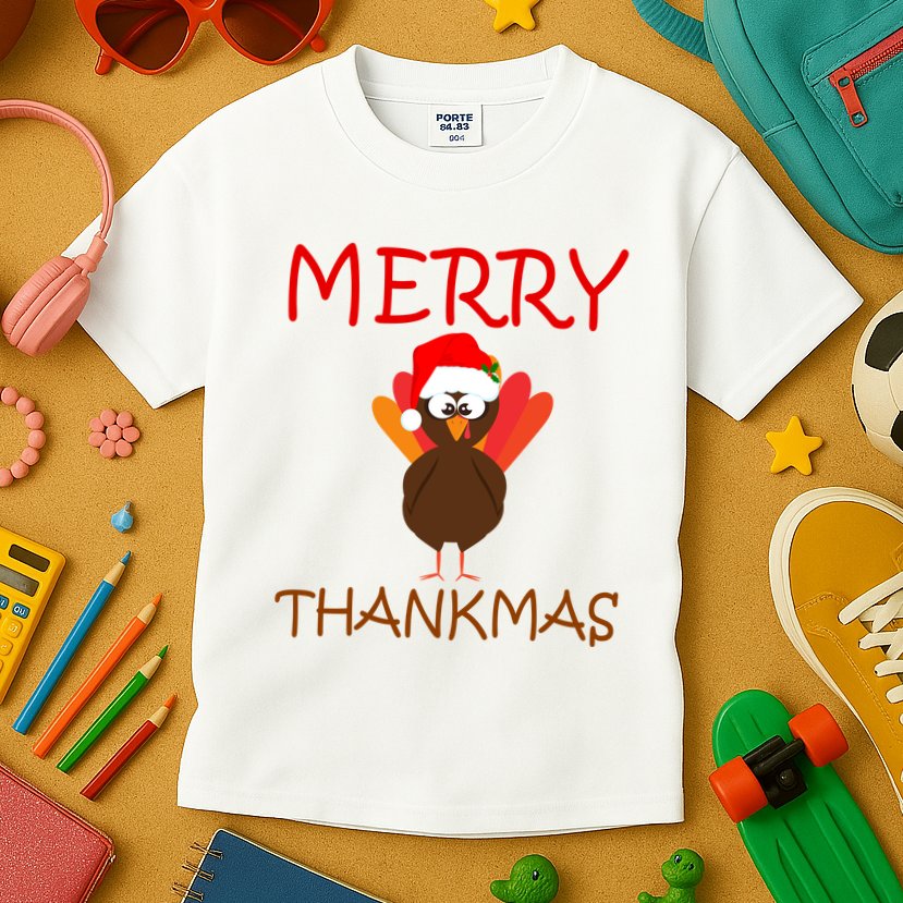 Merry Thankmas Funny Thanksgiving Turkey Kids T-Shirt