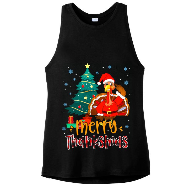 Merry Thanksmas Funny Turkey Santa Christmas Thanksgiving Ladies PosiCharge Tri-Blend Wicking Tank