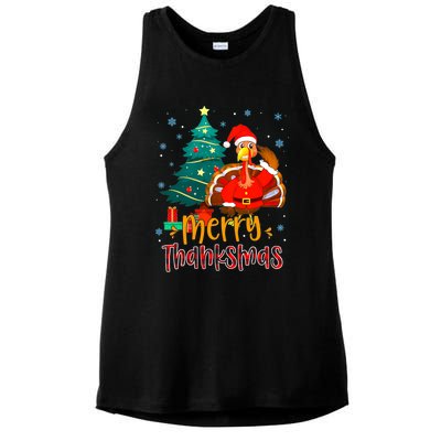 Merry Thanksmas Funny Turkey Santa Christmas Thanksgiving Ladies PosiCharge Tri-Blend Wicking Tank