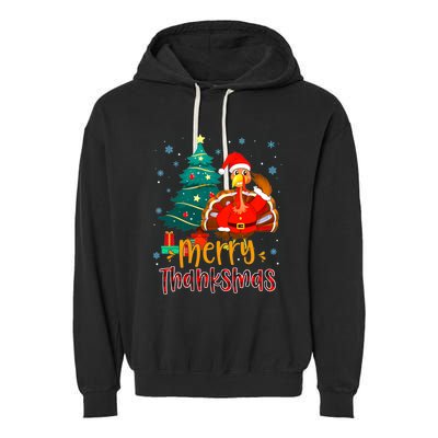 Merry Thanksmas Funny Turkey Santa Christmas Thanksgiving Garment-Dyed Fleece Hoodie