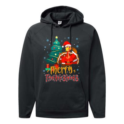 Merry Thanksmas Funny Turkey Santa Christmas Thanksgiving Performance Fleece Hoodie