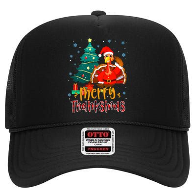 Merry Thanksmas Funny Turkey Santa Christmas Thanksgiving High Crown Mesh Back Trucker Hat