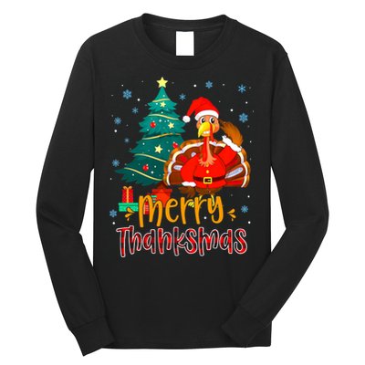 Merry Thanksmas Funny Turkey Santa Christmas Thanksgiving Long Sleeve Shirt