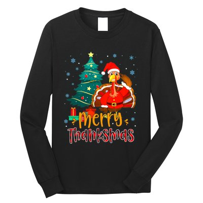 Merry Thanksmas Funny Turkey Santa Christmas Thanksgiving Long Sleeve Shirt