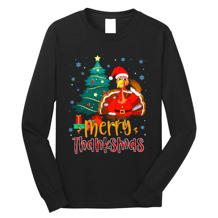 Merry Thanksmas Funny Turkey Santa Christmas Thanksgiving Long Sleeve Shirt