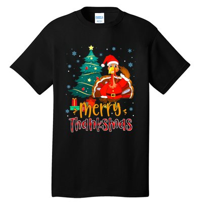 Merry Thanksmas Funny Turkey Santa Christmas Thanksgiving Tall T-Shirt