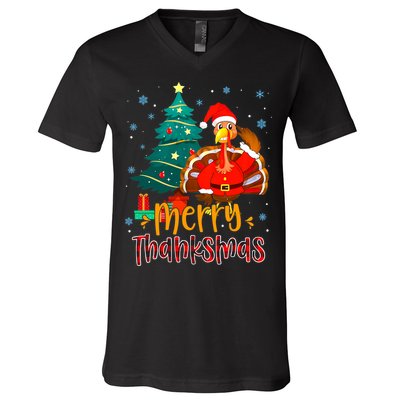 Merry Thanksmas Funny Turkey Santa Christmas Thanksgiving V-Neck T-Shirt