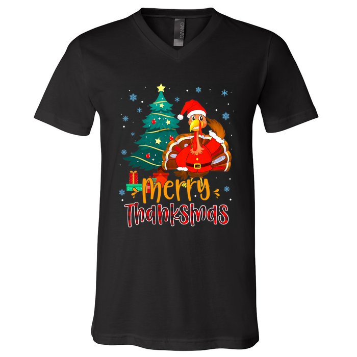 Merry Thanksmas Funny Turkey Santa Christmas Thanksgiving V-Neck T-Shirt