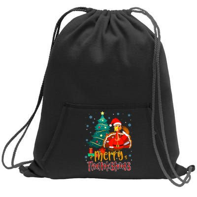 Merry Thanksmas Funny Turkey Santa Christmas Thanksgiving Sweatshirt Cinch Pack Bag