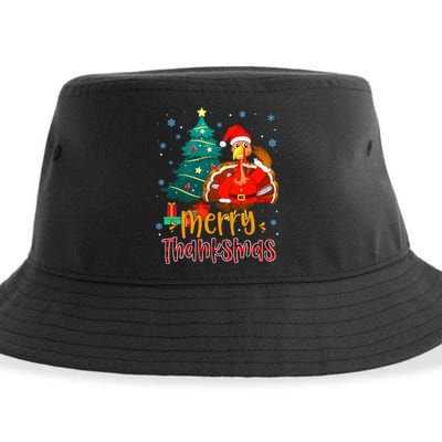 Merry Thanksmas Funny Turkey Santa Christmas Thanksgiving Sustainable Bucket Hat