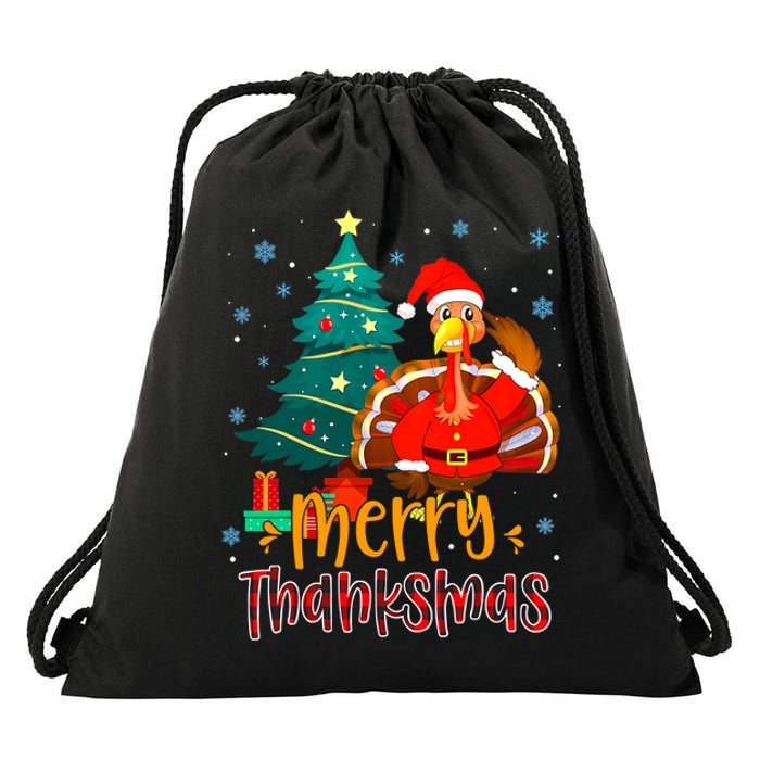 Merry Thanksmas Funny Turkey Santa Christmas Thanksgiving Drawstring Bag