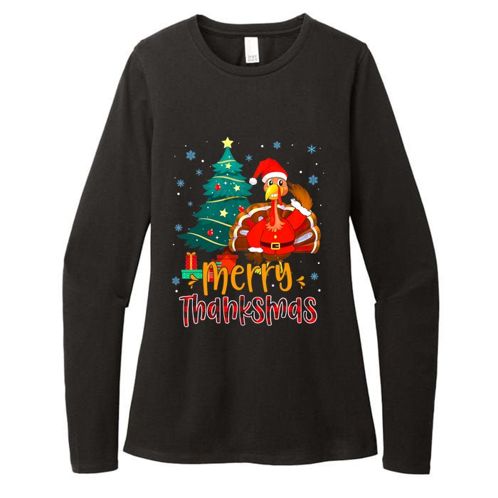 Merry Thanksmas Funny Turkey Santa Christmas Thanksgiving Womens CVC Long Sleeve Shirt