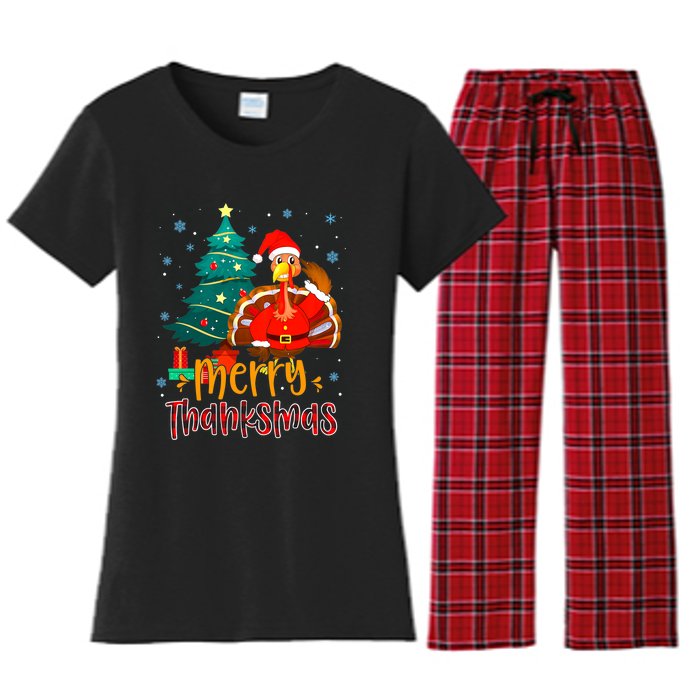 Merry Thanksmas Funny Turkey Santa Christmas Thanksgiving Women's Flannel Pajama Set