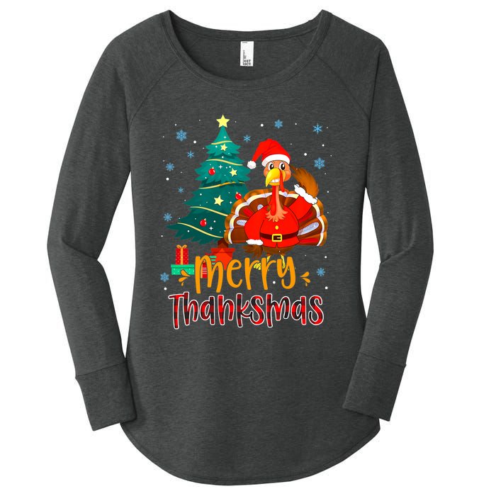 Merry Thanksmas Funny Turkey Santa Christmas Thanksgiving Women's Perfect Tri Tunic Long Sleeve Shirt