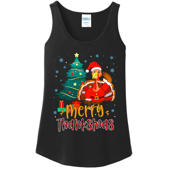 Merry Thanksmas Funny Turkey Santa Christmas Thanksgiving Ladies Essential Tank