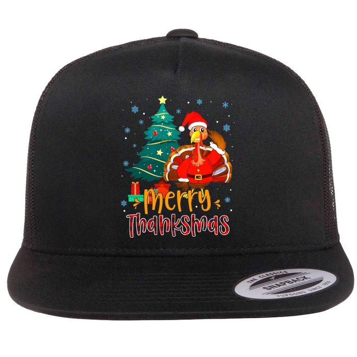 Merry Thanksmas Funny Turkey Santa Christmas Thanksgiving Flat Bill Trucker Hat