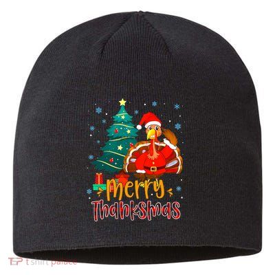 Merry Thanksmas Funny Turkey Santa Christmas Thanksgiving Sustainable Beanie