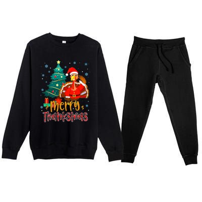 Merry Thanksmas Funny Turkey Santa Christmas Thanksgiving Premium Crewneck Sweatsuit Set