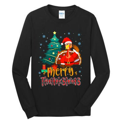 Merry Thanksmas Funny Turkey Santa Christmas Thanksgiving Tall Long Sleeve T-Shirt