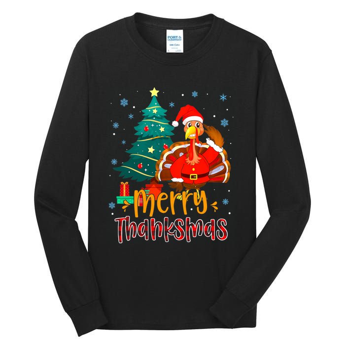 Merry Thanksmas Funny Turkey Santa Christmas Thanksgiving Tall Long Sleeve T-Shirt